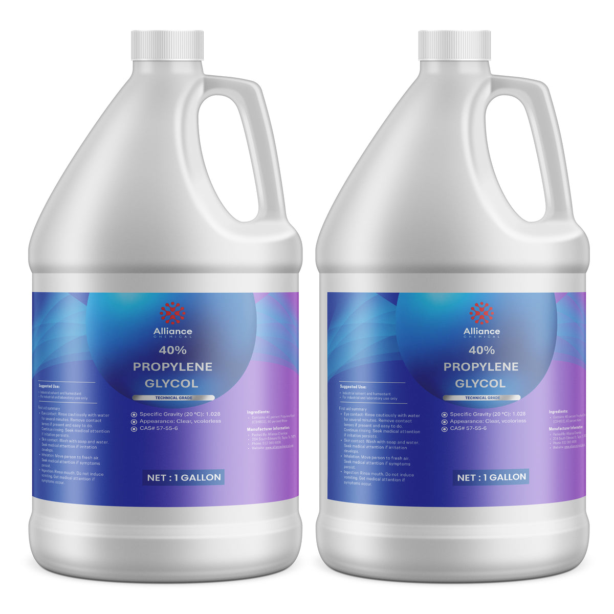 Two 1-gallon HDPE jugs of Alliance Chemical Propylene Glycol 40% – Technical Grade with handles and labels
