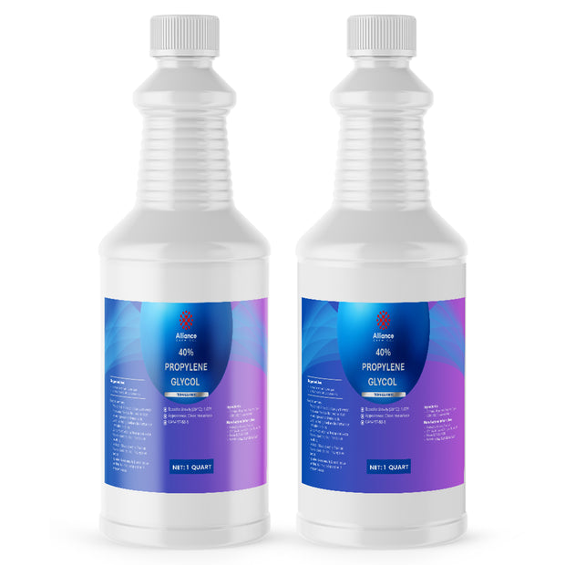 Two 1-quart HDPE bottles of Alliance Chemical Propylene Glycol 40% – Technical Grade with white caps and labels