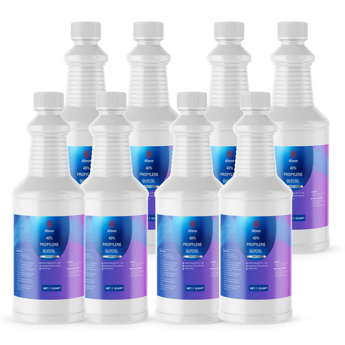 Seven 1-quart HDPE bottles of Alliance Chemical Propylene Glycol 40% Technical Grade with labels and white caps