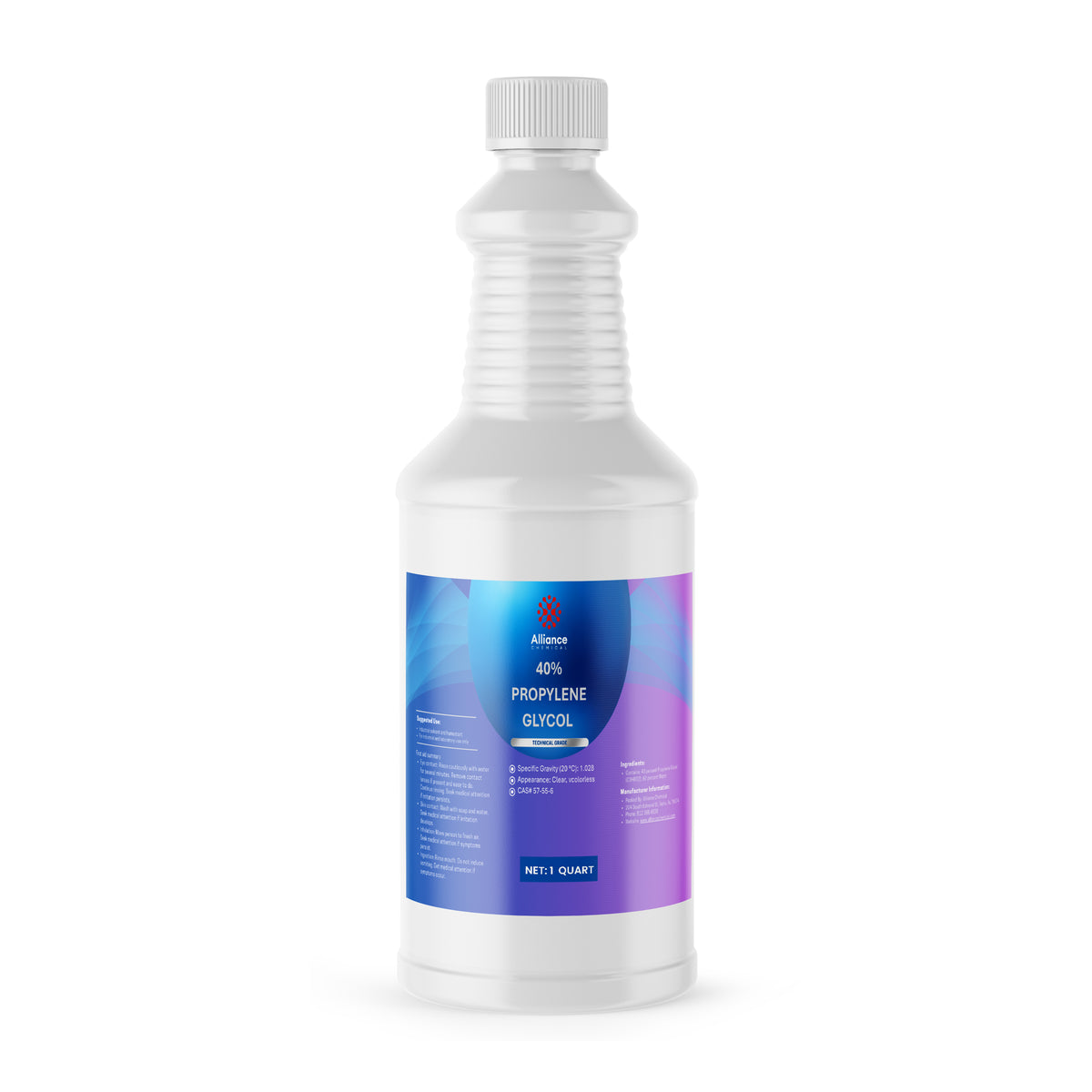 One 1-quart HDPE bottle of Alliance Chemical Propylene Glycol 40% – Technical Grade with a ribbed screw cap.