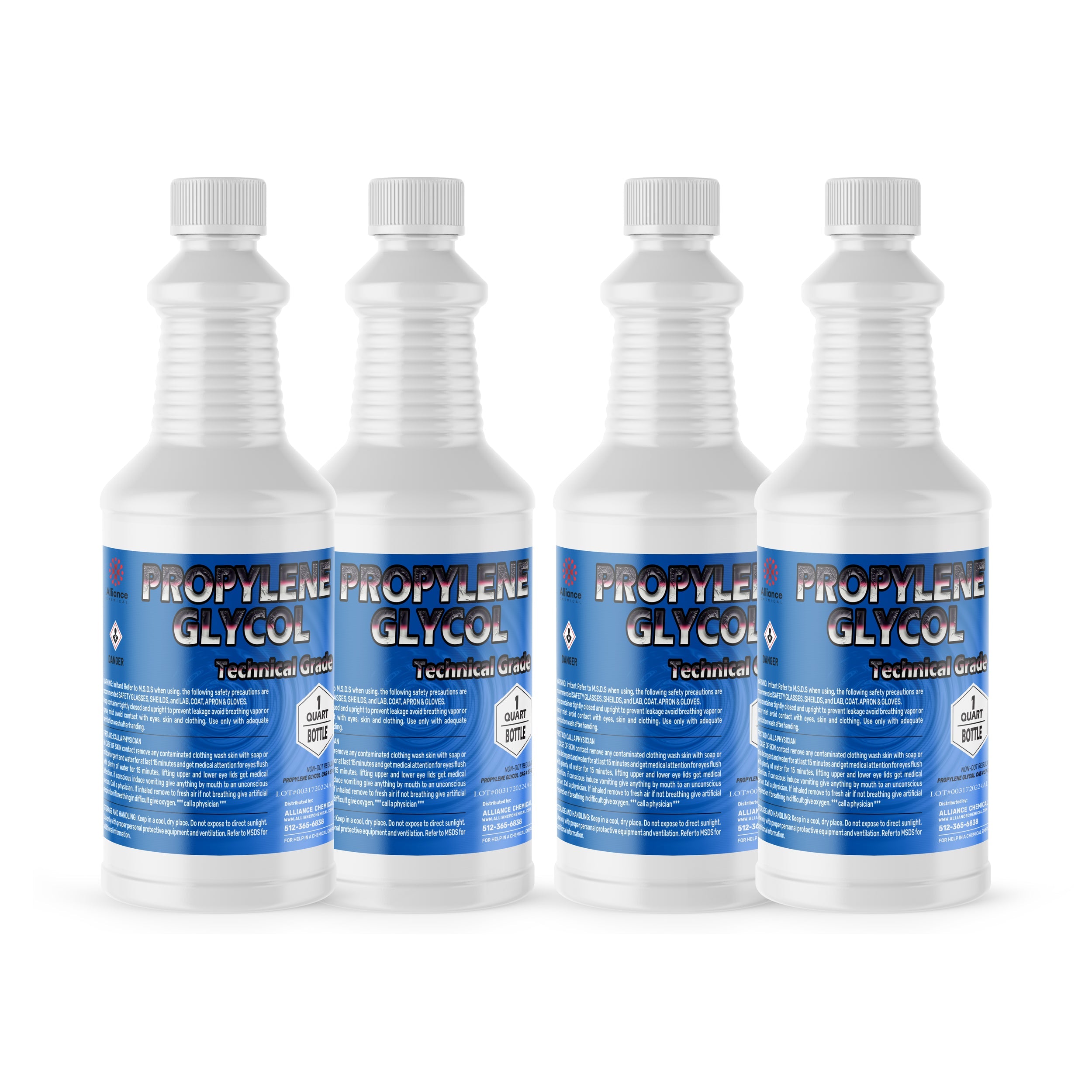 4x1-quart bottles of Technical Grade Propylene Glycol in white HDPE containers with blue labels and hazard symbols, ribbed design.