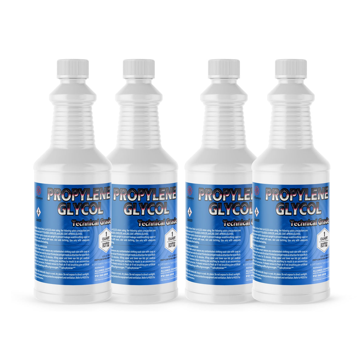 Four 1-quart Alliance Chemical Propylene Glycol Technical Grade bottles with white screw caps and blue product labels.
