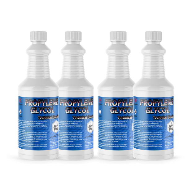 Four 1-quart Alliance Chemical Propylene Glycol Technical Grade bottles with white screw caps and blue product labels.