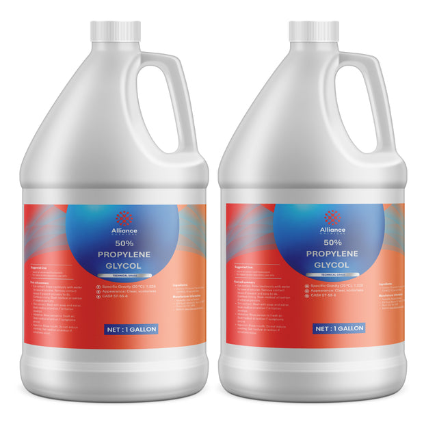 Two 1-gallon HDPE jugs of Alliance Chemical 50% Propylene Glycol Technical Grade with white screw caps.
