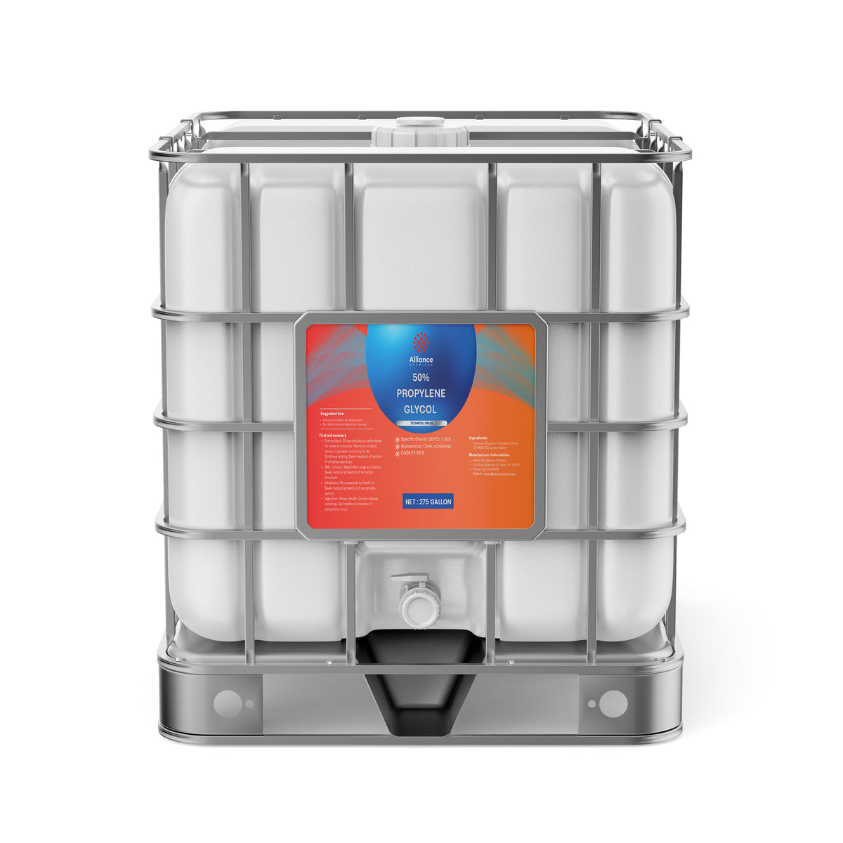 Alliance Chemical 275-gallon tote of 50% Propylene Glycol Technical Grade with steel cage and spigot.