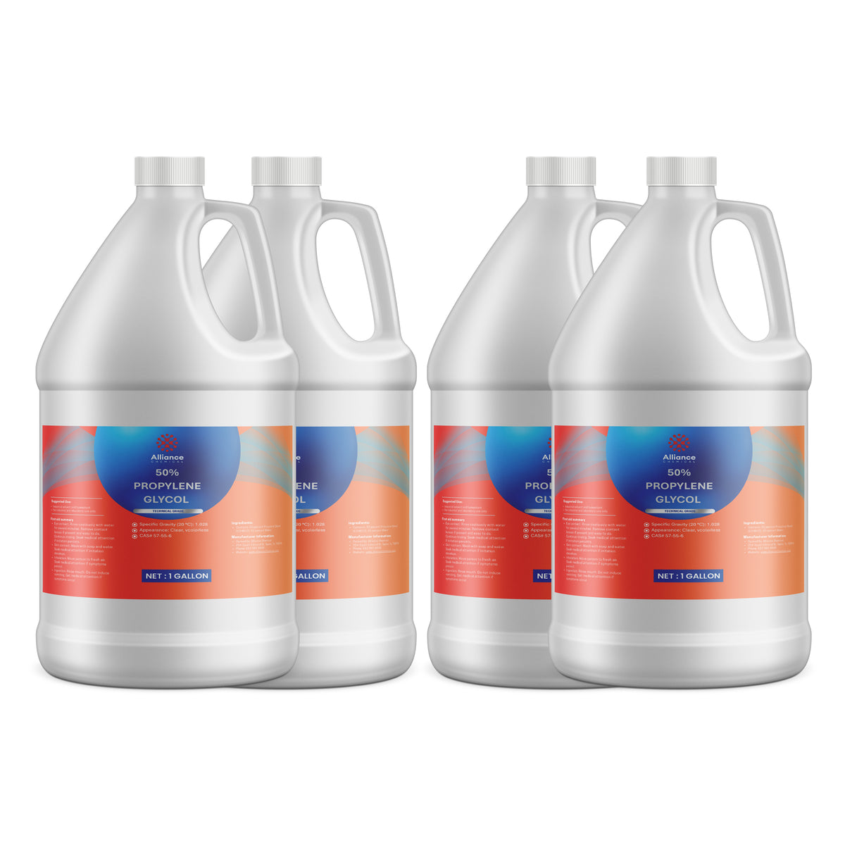 Four 1-gallon HDPE jugs of Alliance Chemical 50% Propylene Glycol Technical Grade with labels and handles.