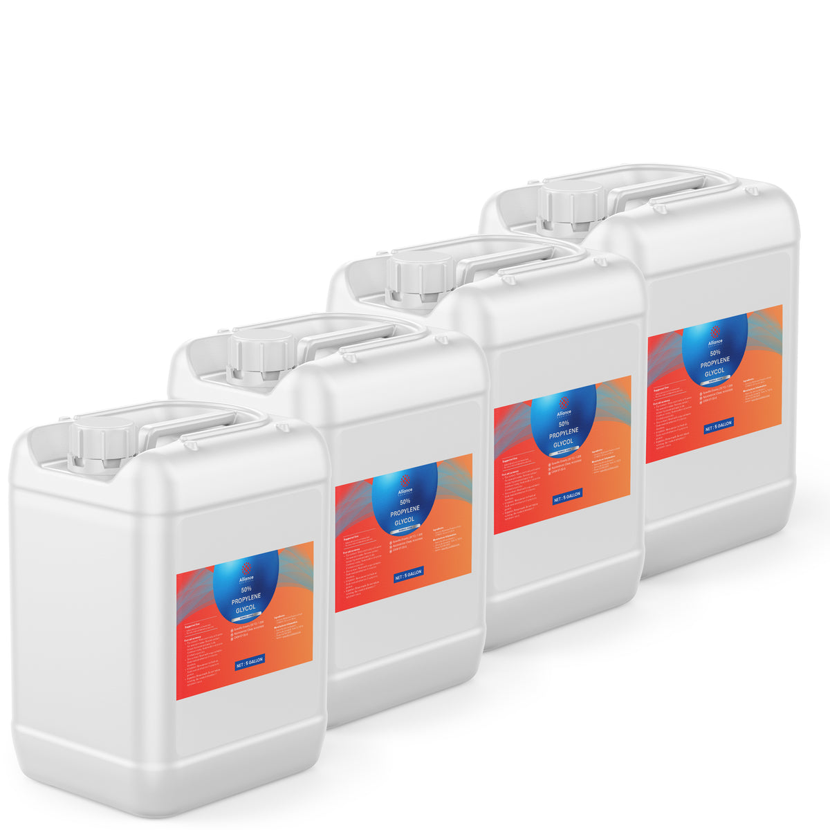 Four 5-gallon Alliance Chemical 50% Propylene Glycol Technical Grade HDPE jugs with handles, white caps, and product labels