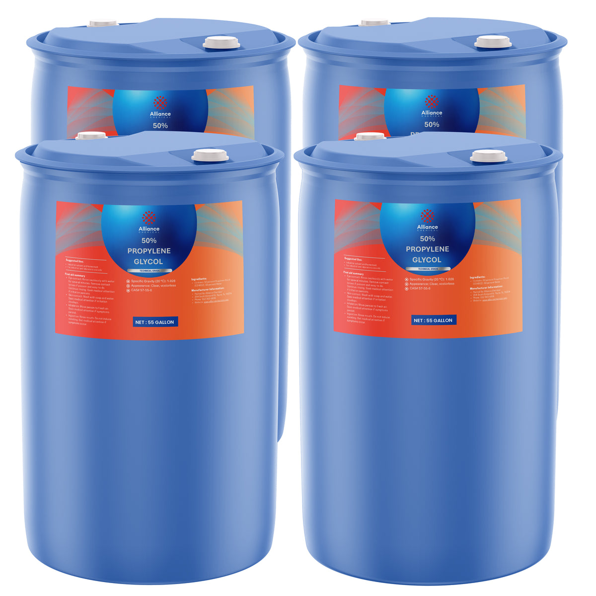 Four 55-gallon blue plastic drums of Alliance Chemical 50% Propylene Glycol Technical Grade with labels and white caps