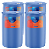Four 55-gallon blue plastic drums of Alliance Chemical 50% Propylene Glycol Technical Grade with labels and white caps