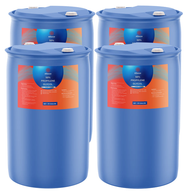 Four 55-gallon blue plastic drums of Alliance Chemical 50% Propylene Glycol Technical Grade with labels and white caps