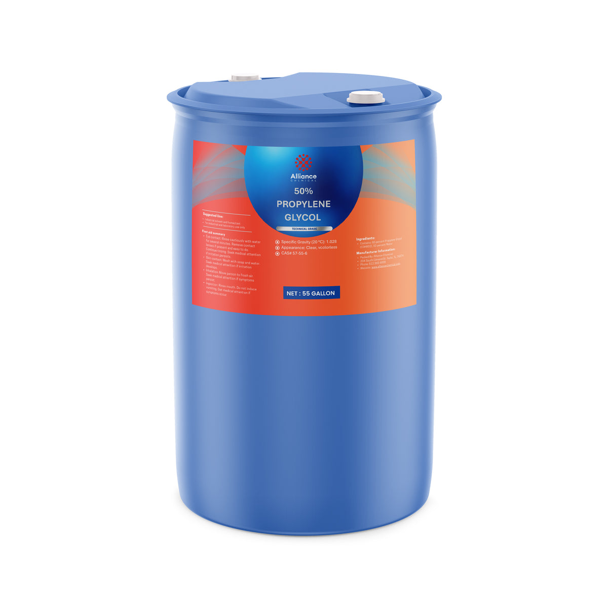 One 55-gallon blue HDPE drum of Alliance Chemical 50% Propylene Glycol Technical Grade with white caps and product label
