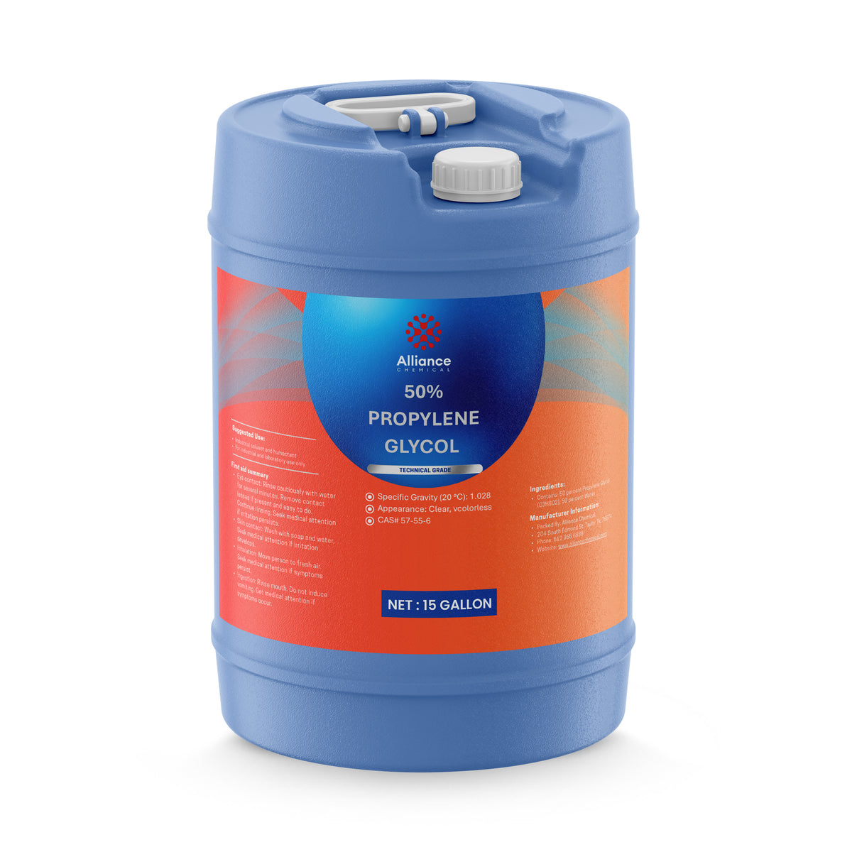 15-gallon HDPE jug of Alliance Chemical 50% Propylene Glycol Technical Grade with handle and white cap
