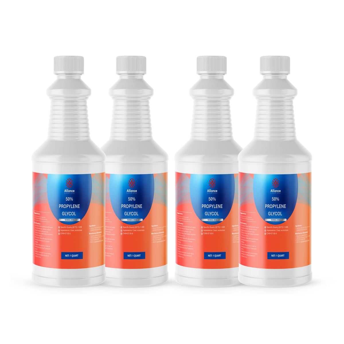 Four 1-quart HDPE jugs of Alliance Chemical 50% Propylene Glycol Technical Grade with white ribbed caps.