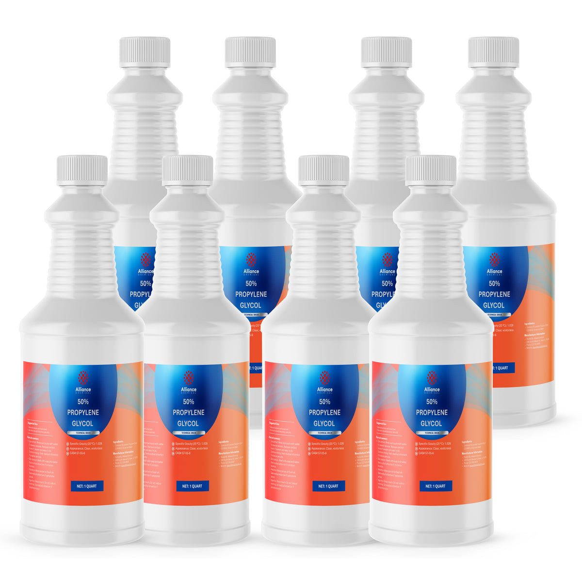 Seven 1-quart HDPE bottles of Alliance Chemical 50% Propylene Glycol Technical Grade with white ribbed caps.