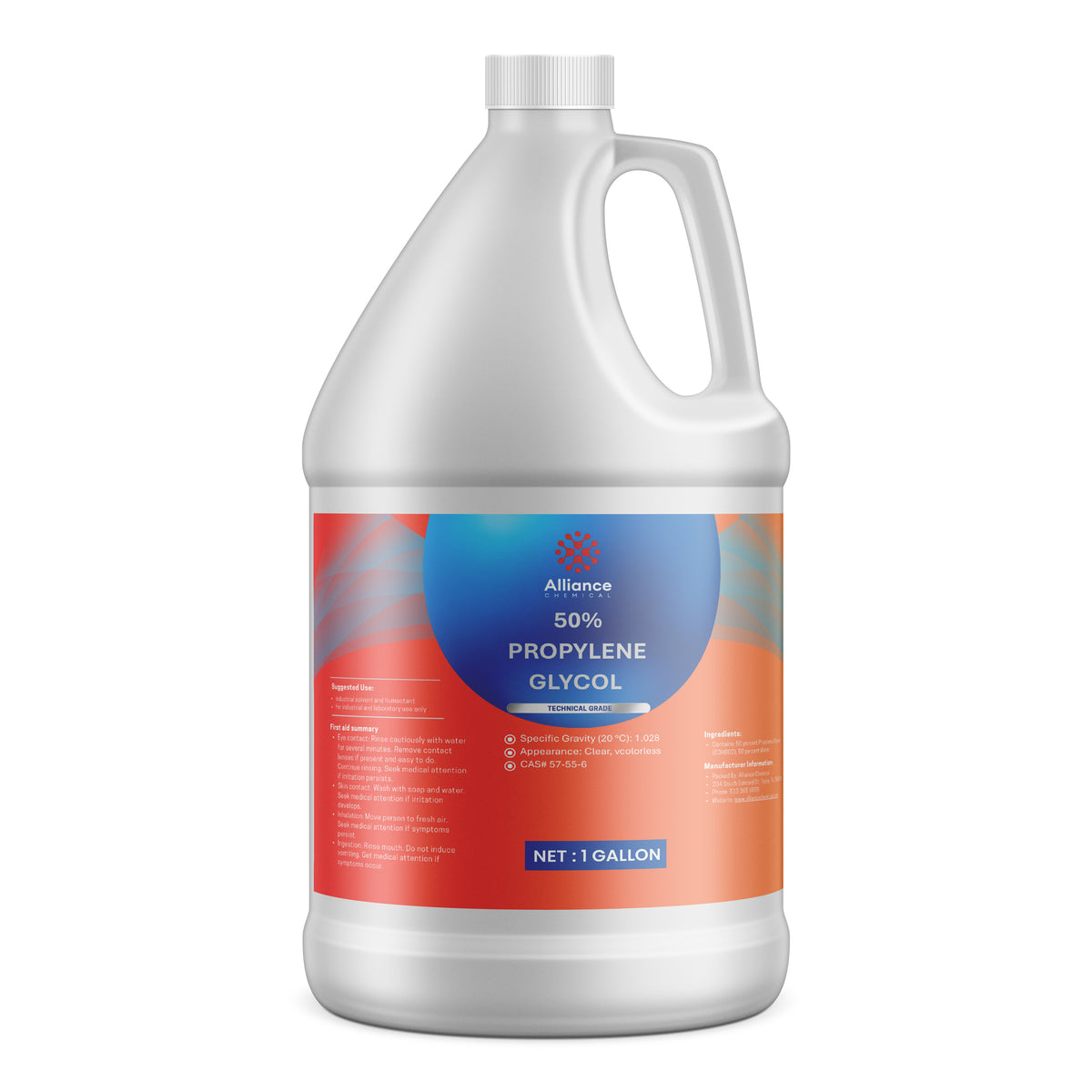One 1-gallon HDPE jug of Alliance Chemical 50% Propylene Glycol Technical Grade with a white screw cap and handle.