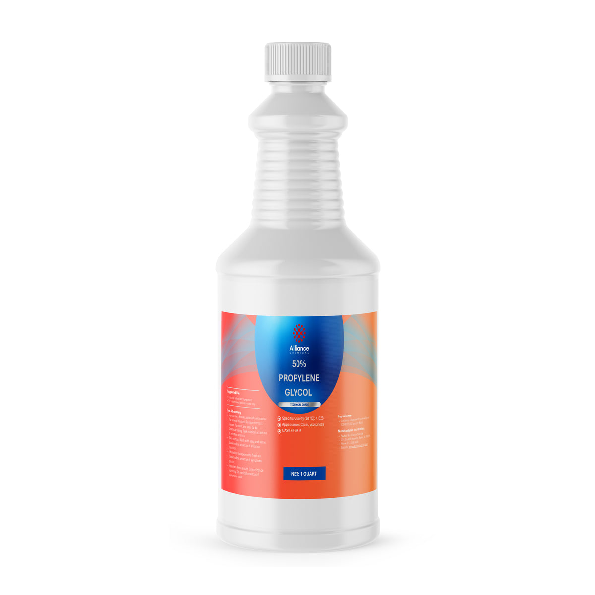 1-Quart HDPE jug of Alliance Chemical 50% Propylene Glycol Technical Grade with a ribbed white screw cap and product label