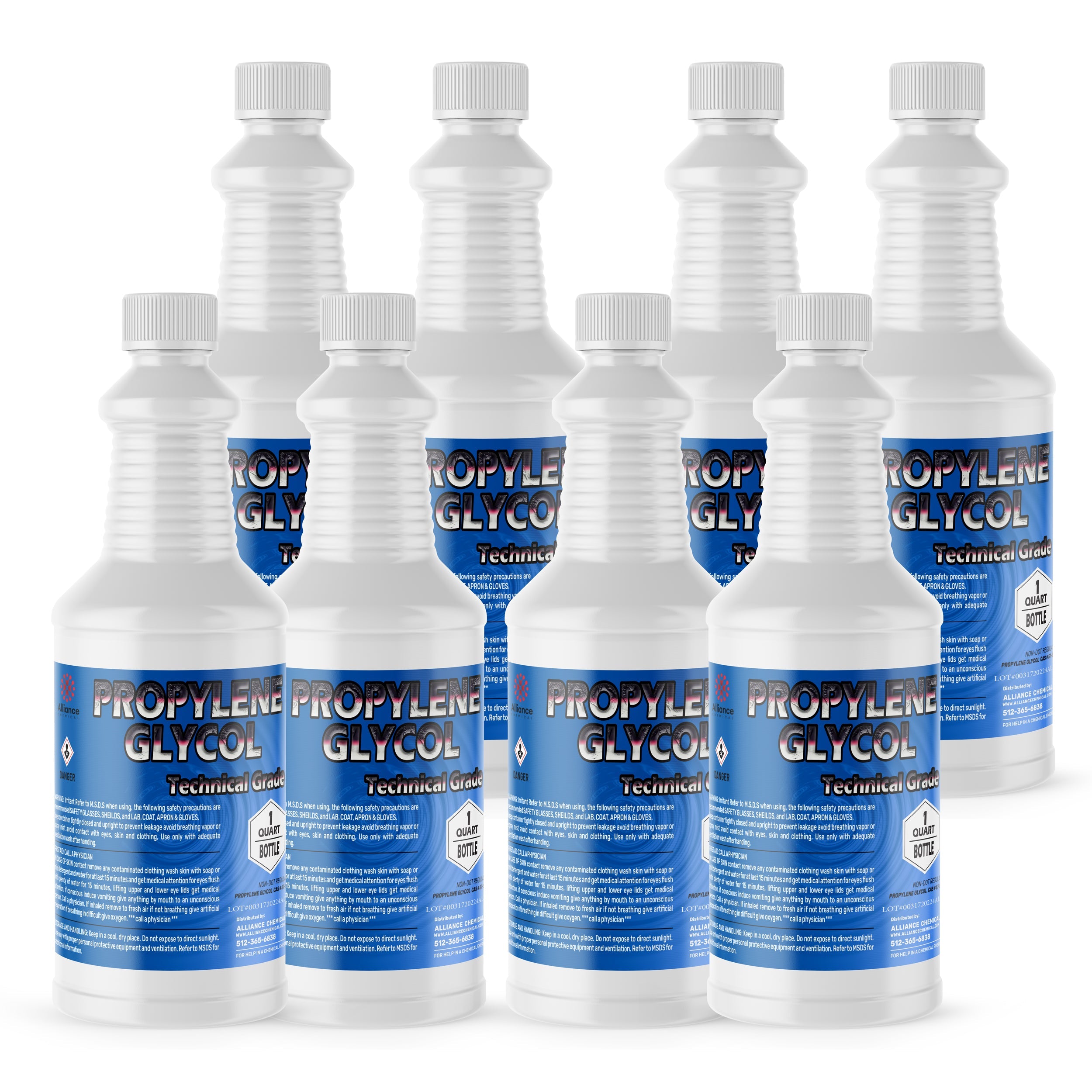1-quart bottles of Technical Grade Propylene Glycol in white HDPE containers with blue labels and hazard symbols, 8-pack configuration.