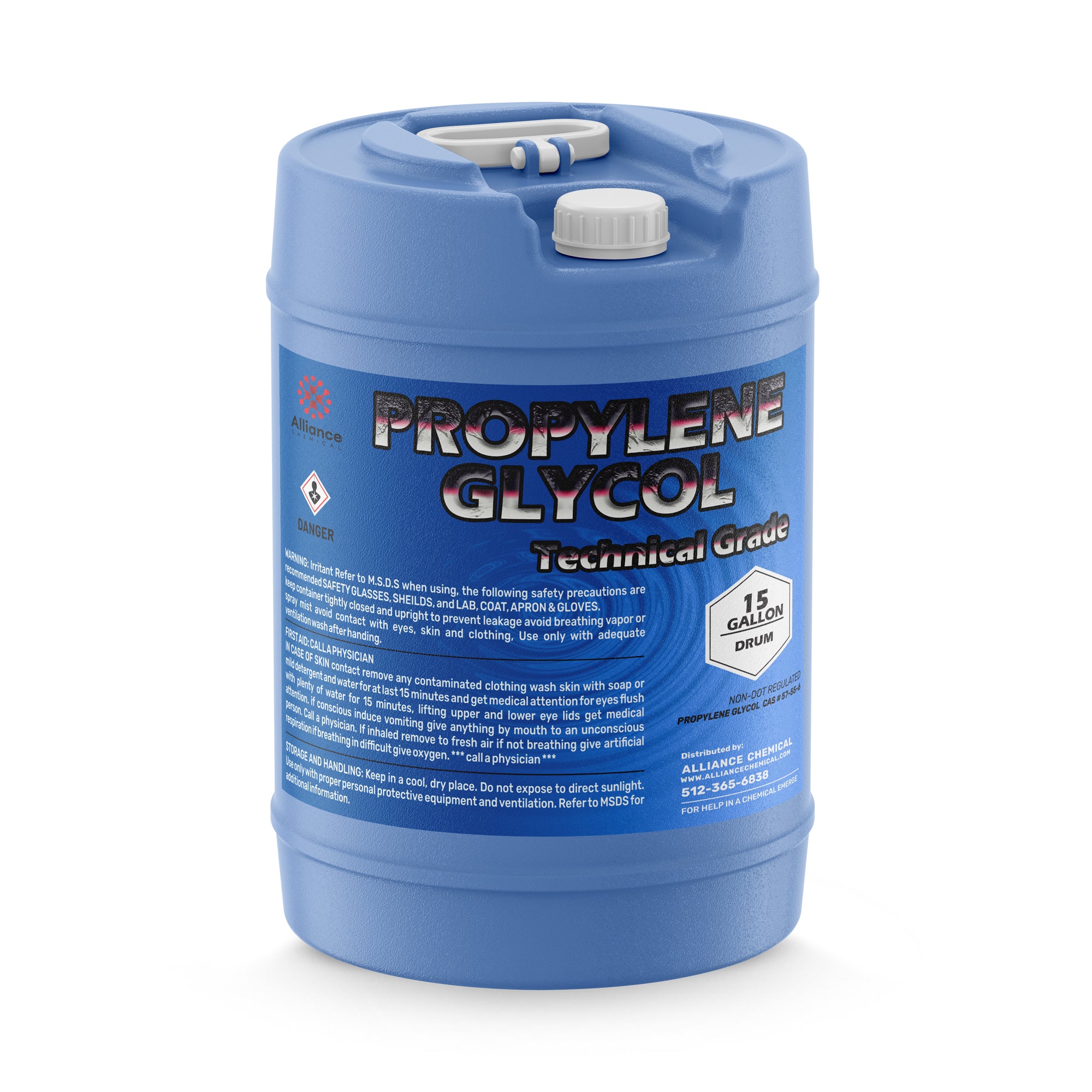 15-gallon blue plastic drum of technical-grade propylene glycol by Alliance Chemical, featuring hazard warnings and safety instructions, with white caps.