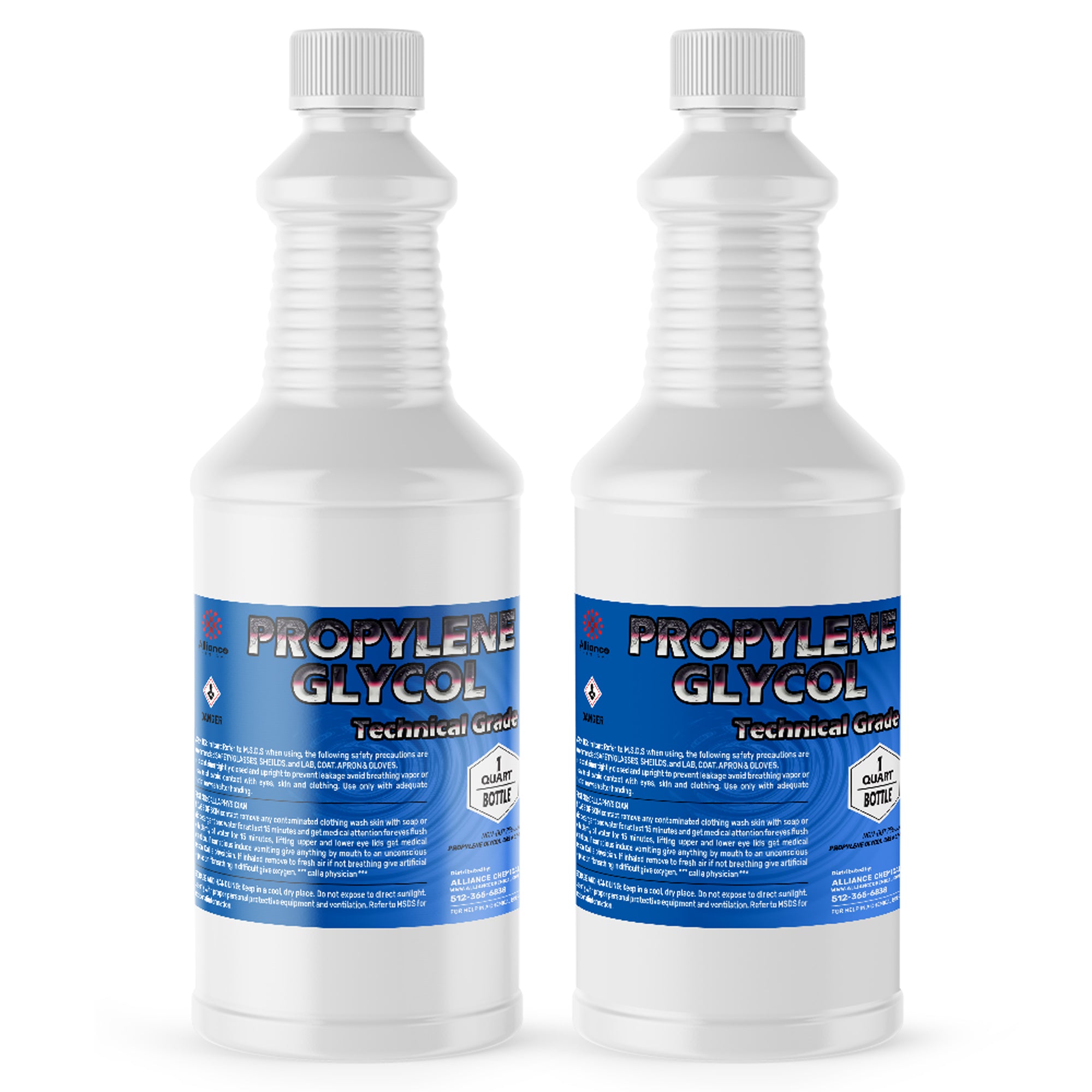 1-quart bottles of Technical Grade Propylene Glycol in white HDPE containers with blue labels, GHS hazard symbols, industrial-chemical marking.