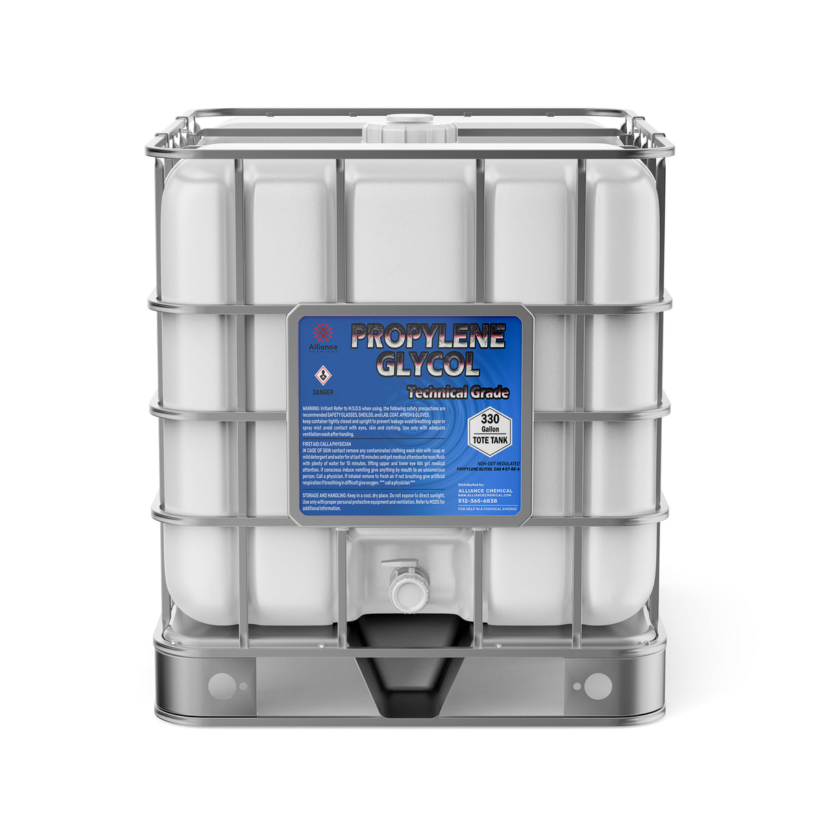 Alliance Chemical Propylene Glycol Technical Grade 330-gallon plastic tote tank with a silver metal cage and a white cap.