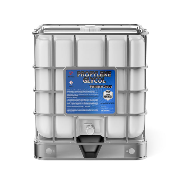 Alliance Chemical Propylene Glycol Technical Grade 330-gallon plastic tote tank with a silver metal cage and a white cap.