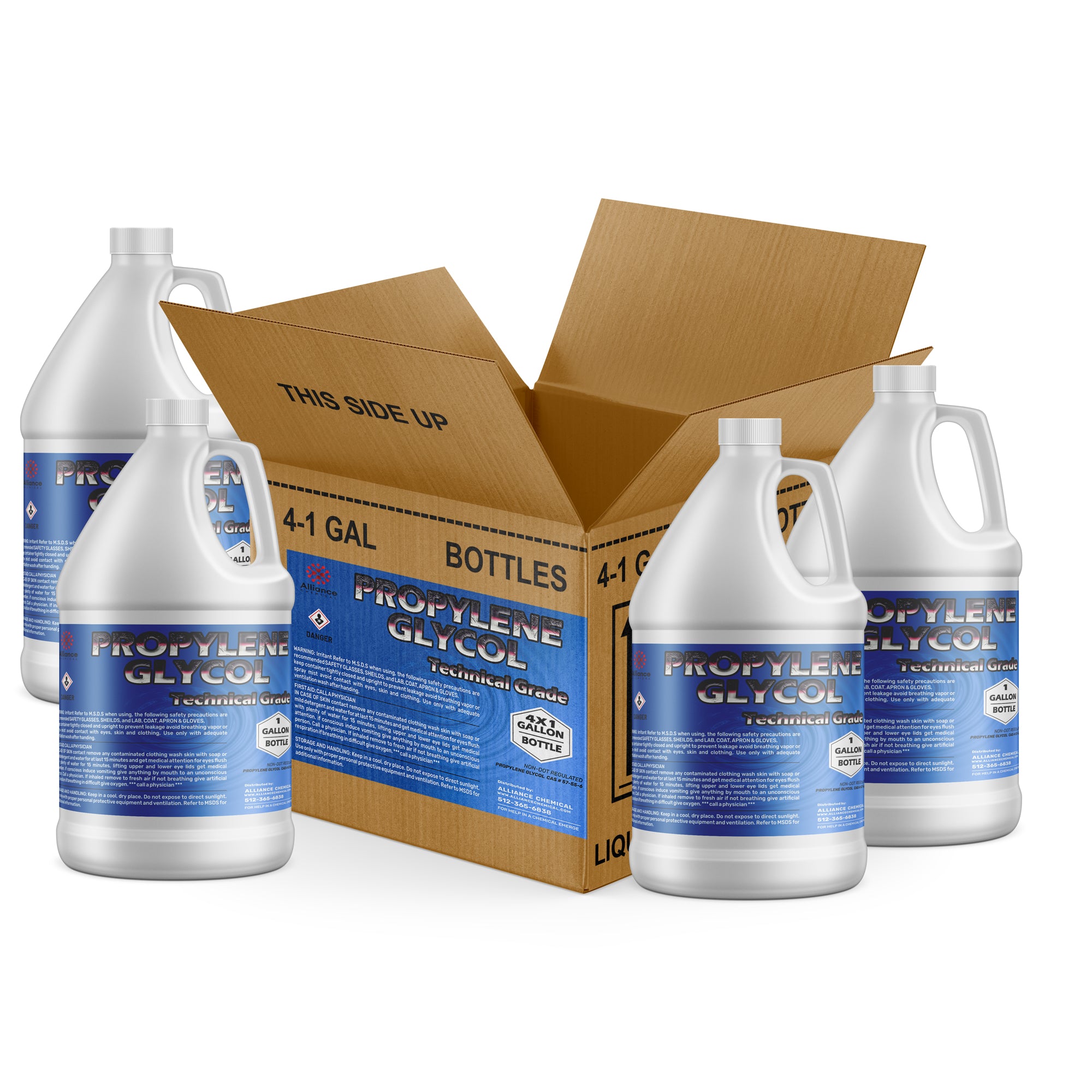4x1-gallon Propylene Glycol Technical Grade in white HDPE bottles with blue labels, hazard diamond symbol, shipping box marked THIS SIDE UP.