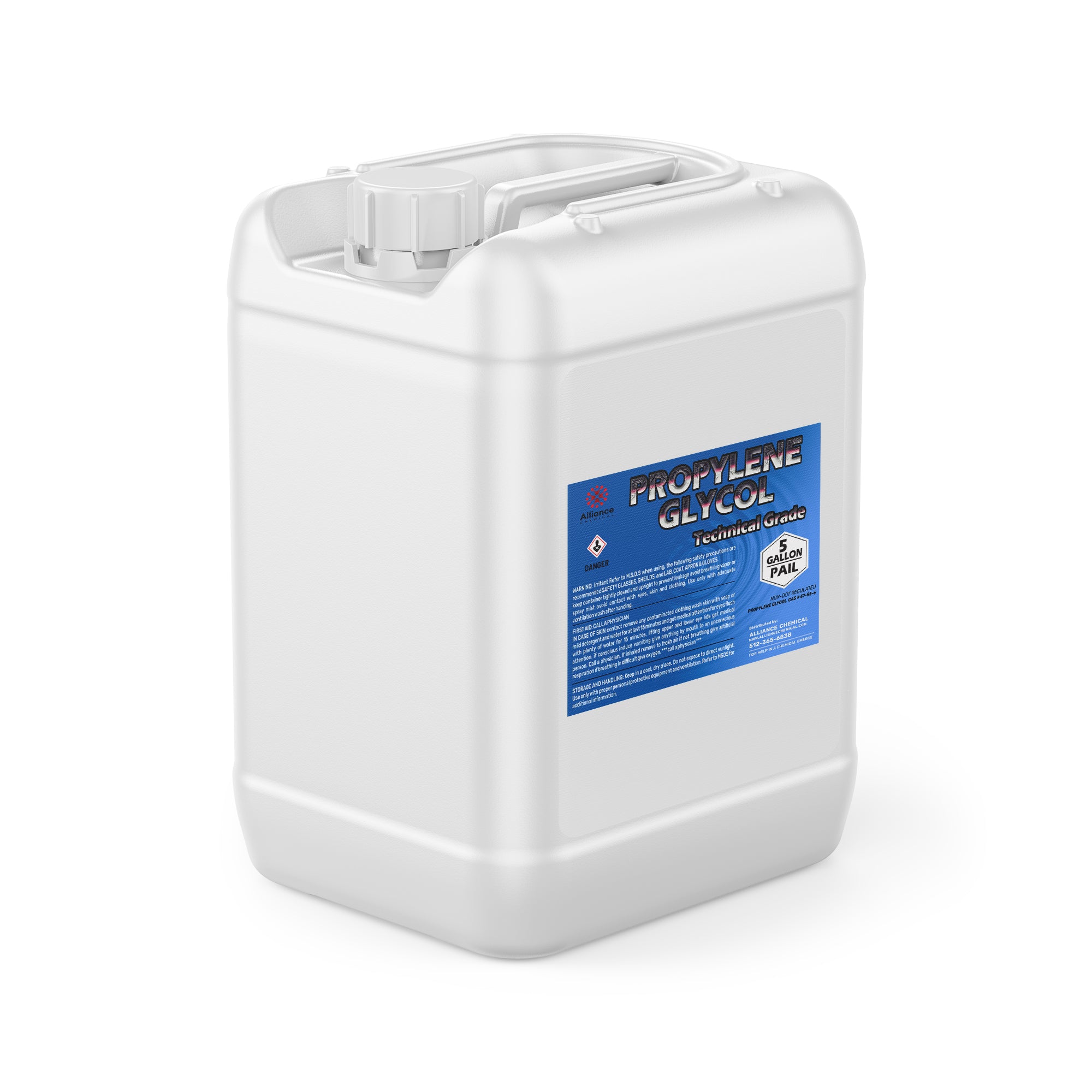 5-gallon white HDPE pail of technical-grade propylene glycol with blue safety label, screw-top lid, and hazard warning symbol - Alliance Chemical.