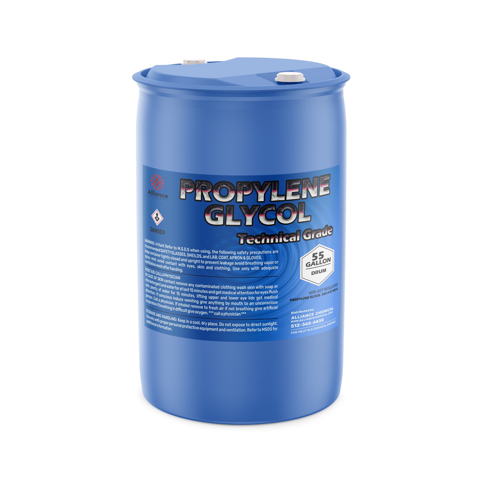 55-gallon blue plastic drum of technical-grade propylene glycol with hazard warning symbol, safety precautions, and dual-port sealed lid.