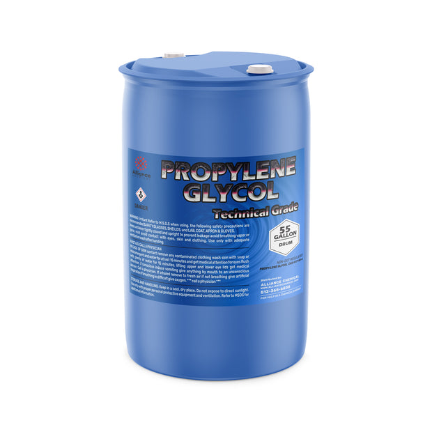 One 55-gallon blue plastic drum of Alliance Chemical Propylene Glycol Technical Grade with white caps and product label.