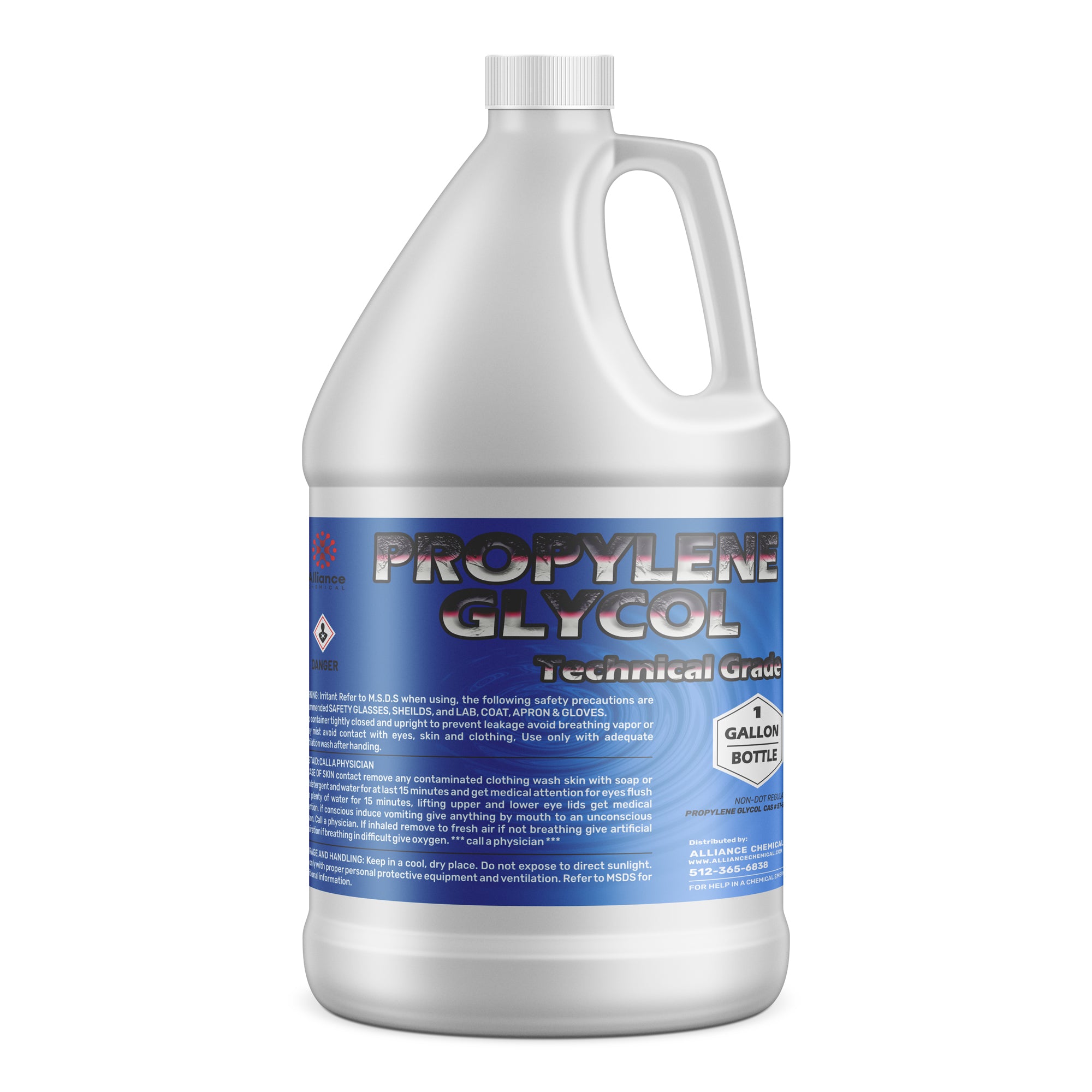 One-gallon propylene glycol technical grade in white HDPE jug with blue safety label, hazard symbol, MSDS warnings and handling instructions.