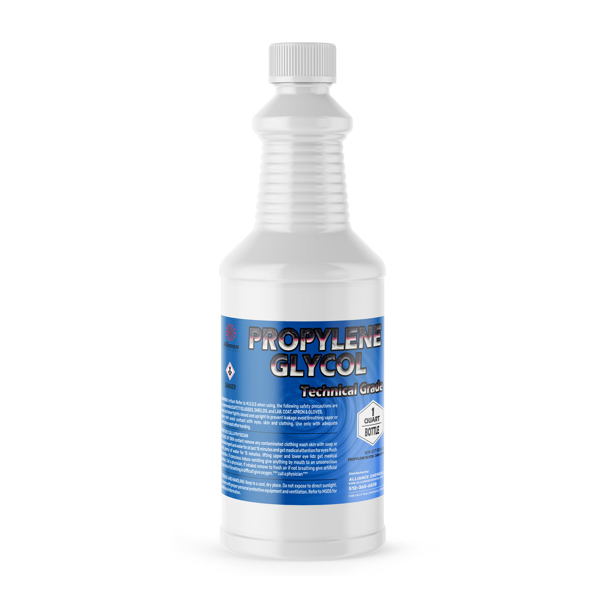 1-Quart Alliance Chemical Propylene Glycol Technical Grade HDPE bottle with a ribbed screw cap and product label.