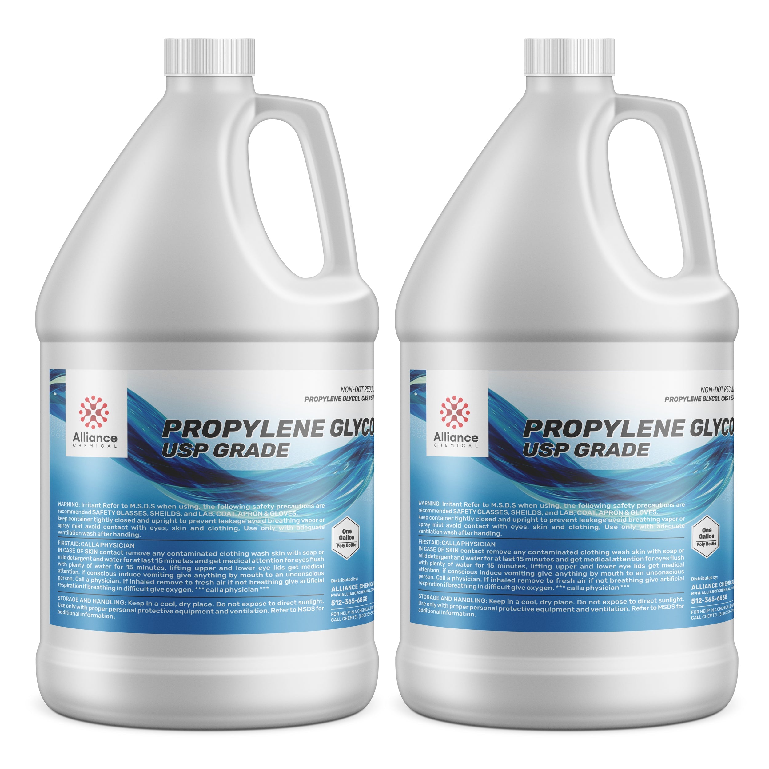 2-gallon HDPE jugs of USP-grade Propylene Glycol by Alliance Chemical with safety warnings and handling instructions, white containers.