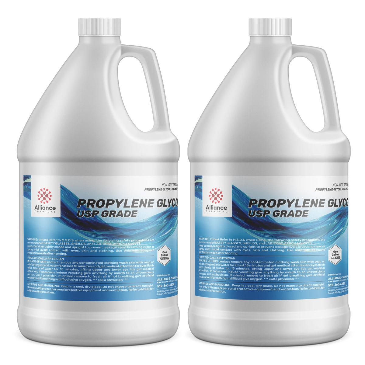 2-gallon HDPE jugs of USP-grade Propylene Glycol by Alliance Chemical, white containers