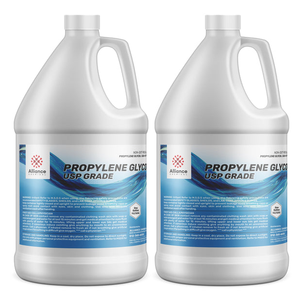 2-gallon HDPE jugs of USP-grade Propylene Glycol by Alliance Chemical, white containers