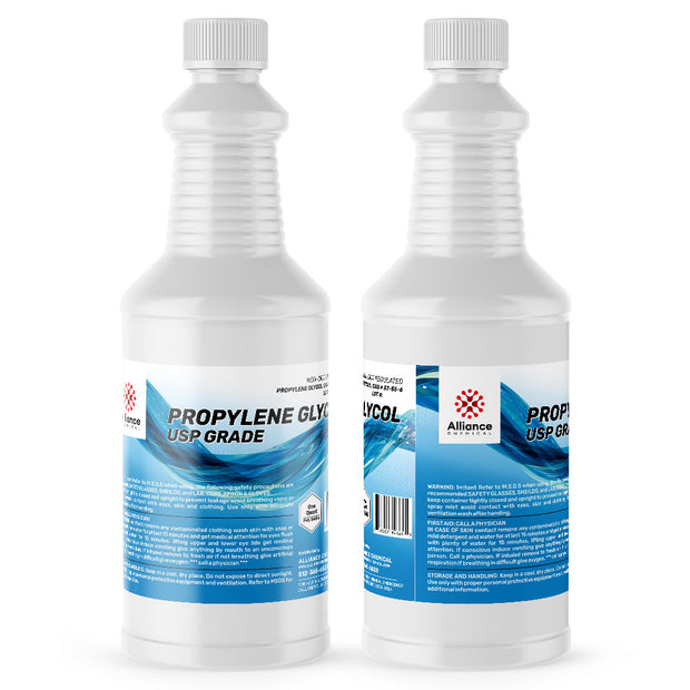 Two 1-quart HDPE bottles of USP-grade Propylene Glycol, ribbed grip design, and Alliance Chemical branding on blue-wave