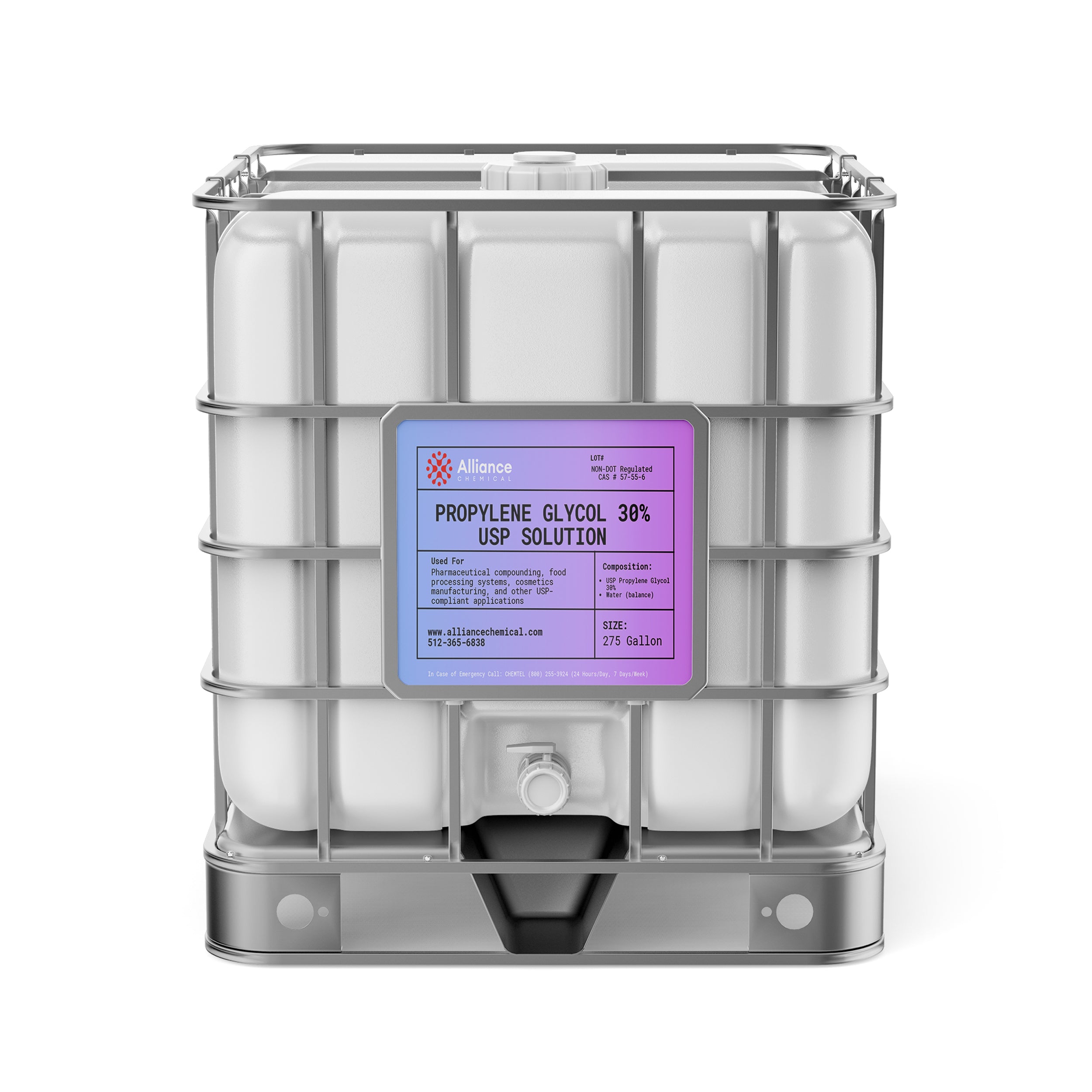 Alliance Chemical 30% propylene glycol USP grade in 275-gallon intermediate bulk container with purple label