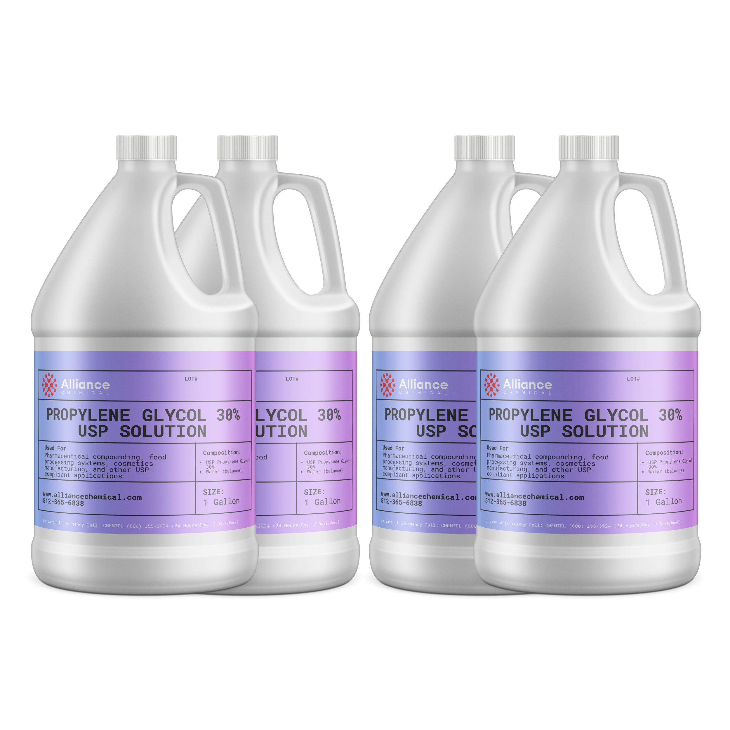 Alliance Chemical propylene glycol USP grade 30% in four clear 1-gallon HDPE jugs with handles