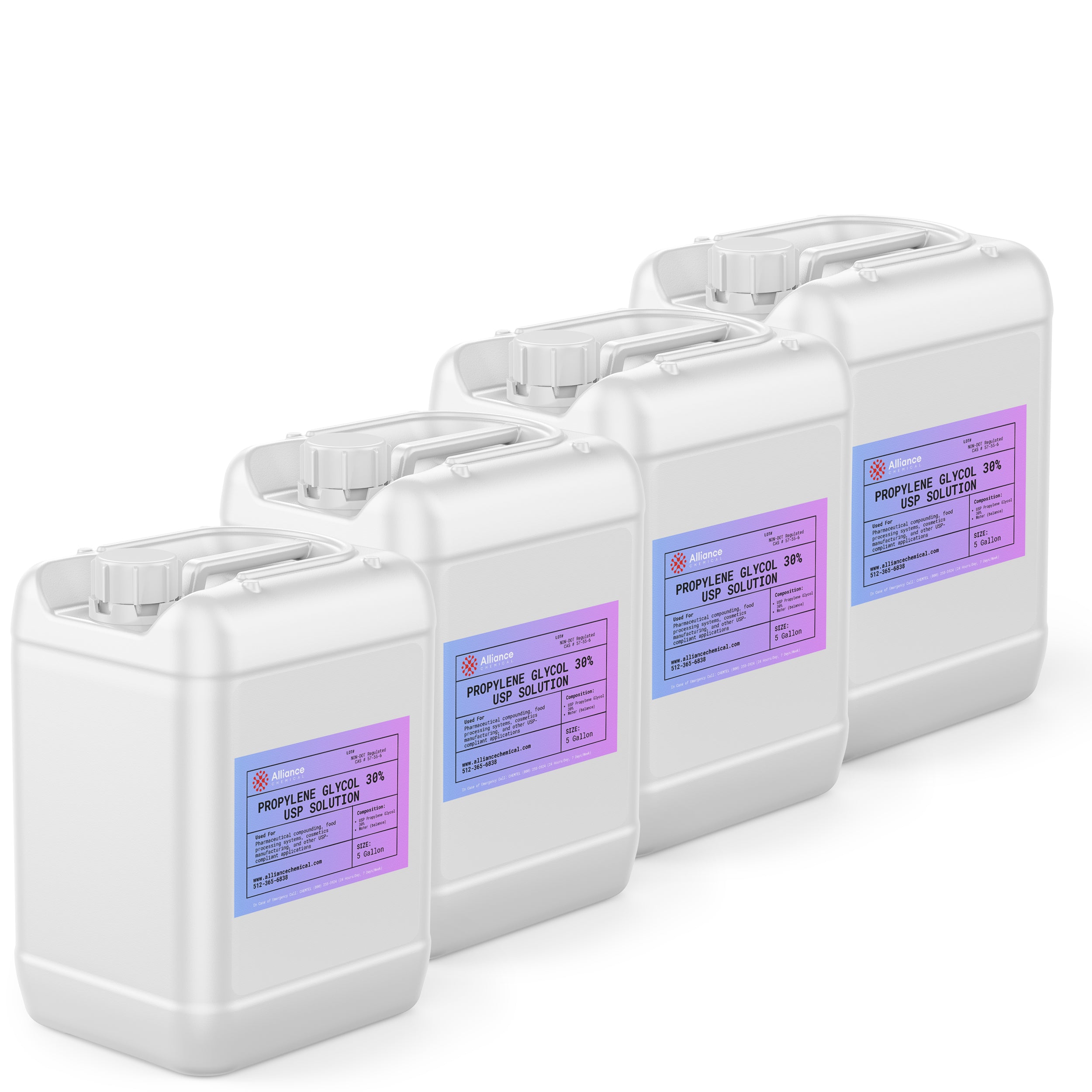 Alliance Chemical 30% propylene glycol USP grade in four 5-gallon white HDPE jerry cans with labels