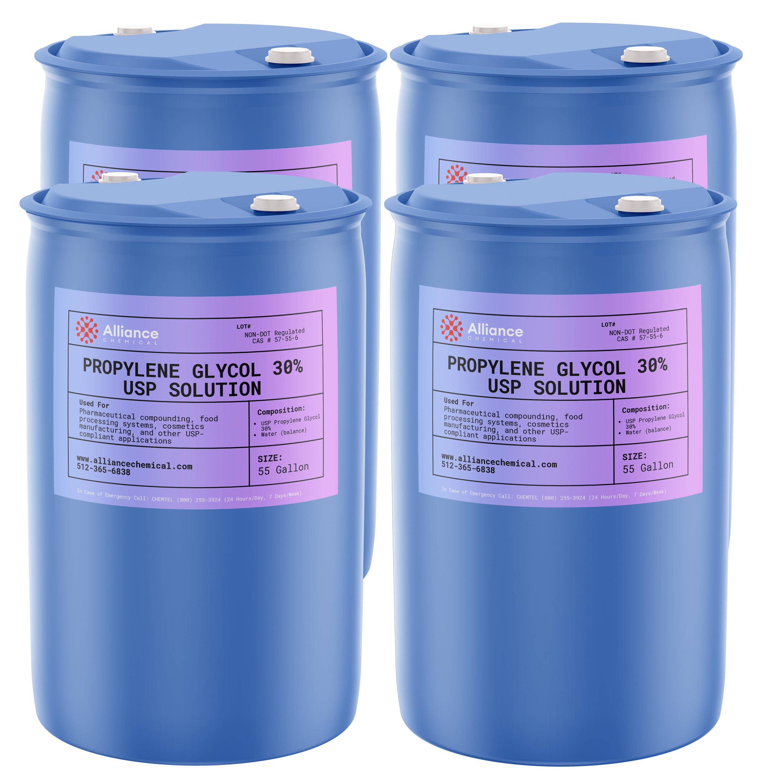 Alliance Chemical propylene glycol USP grade 30% in blue 55-gallon drum with pink label