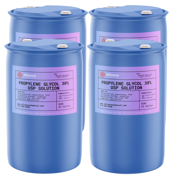 Alliance Chemical propylene glycol USP grade 30% in blue 55-gallon drum with pink label