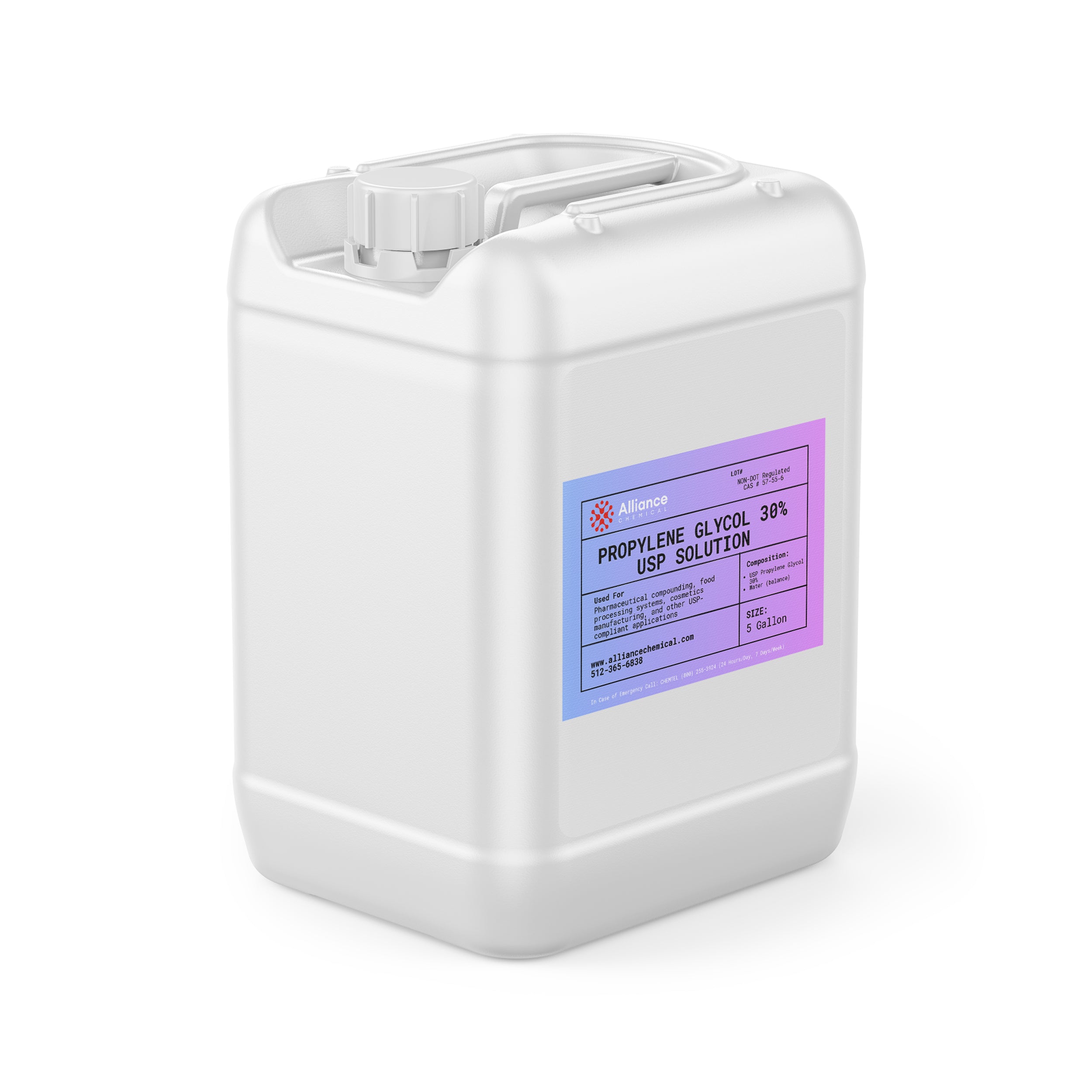Alliance Chemical 30% propylene glycol USP grade in white 5-gallon plastic pail with spout cap