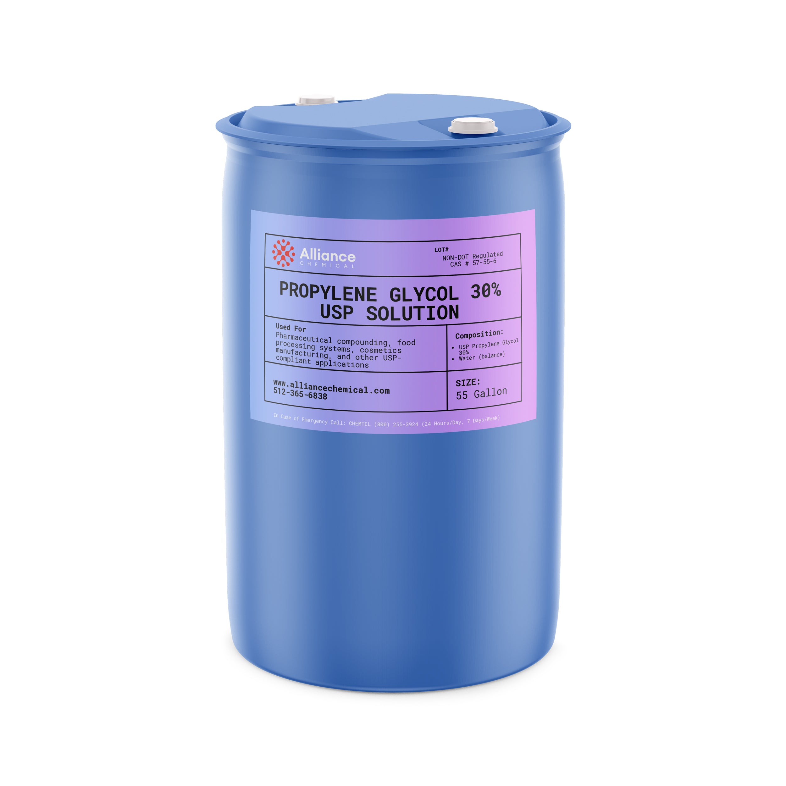 Alliance Chemical 30% propylene glycol USP grade in blue 55-gallon plastic drum with label