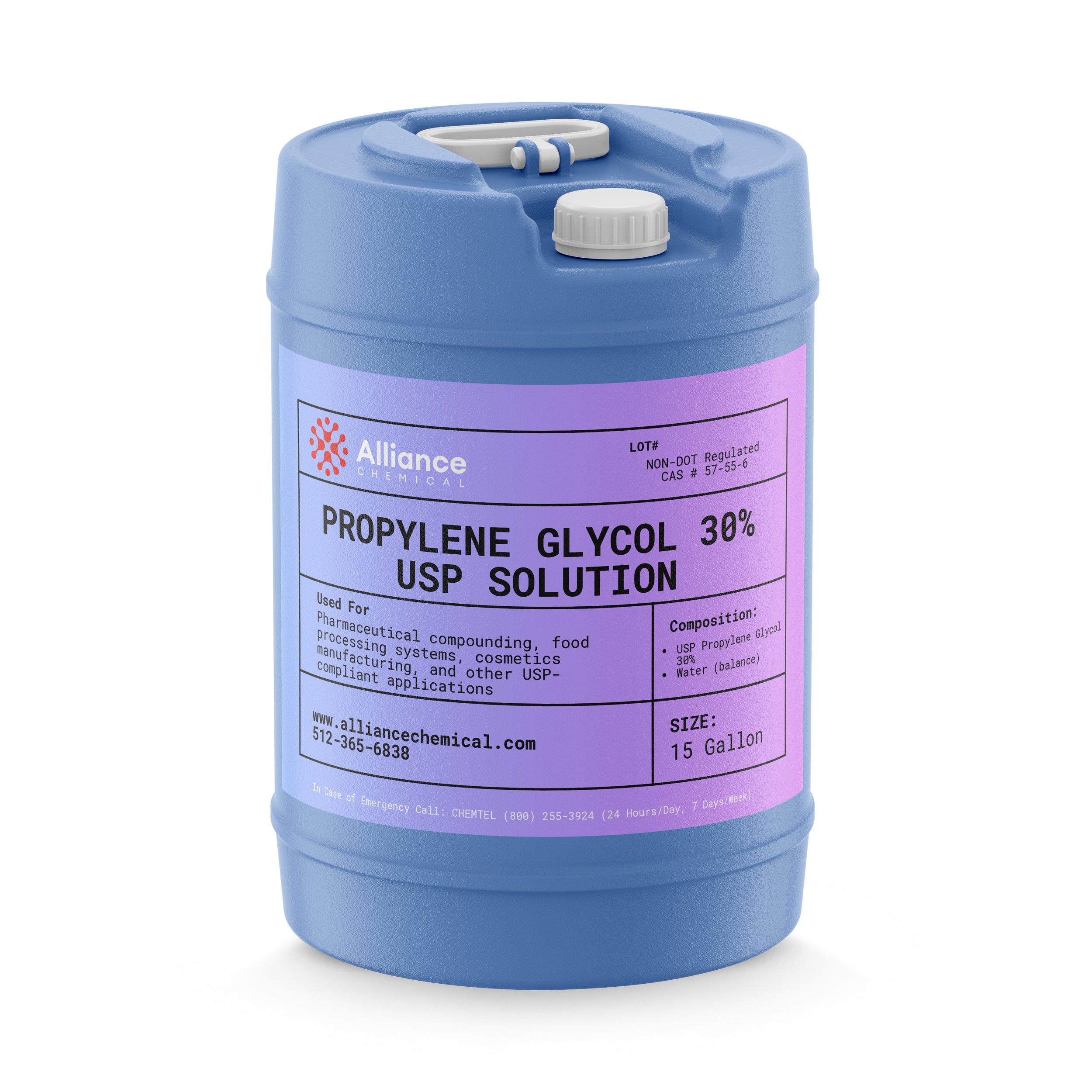 Alliance Chemical propylene glycol 30% in blue 15-gallon HDPE drum with purple label