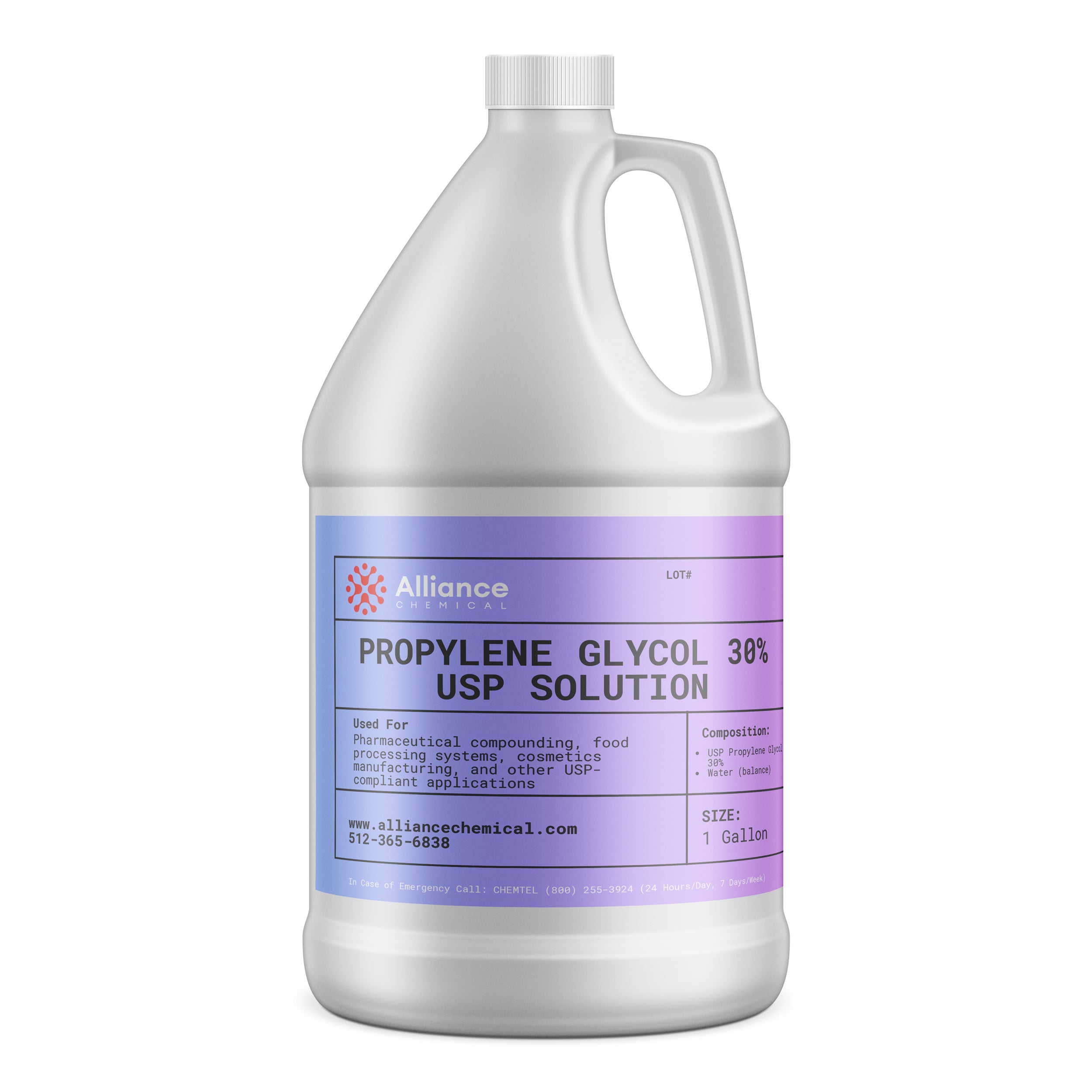 Alliance Chemical propylene glycol 30% USP grade in a clear 1-gallon HDPE jug with purple label