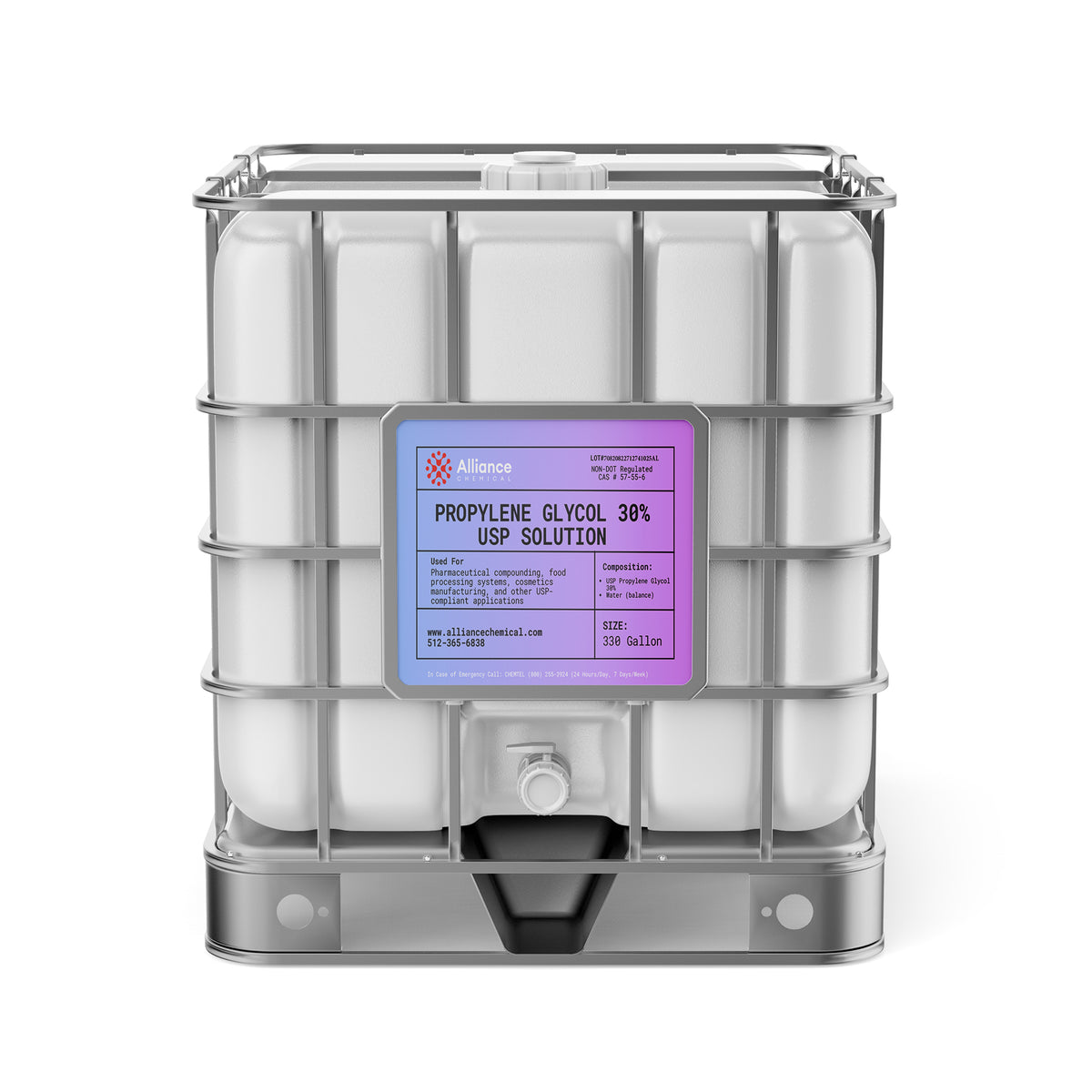 One 330-gallon tote of Alliance Chemical Propylene Glycol 30% USP Grade with a metal cage and a spigot.