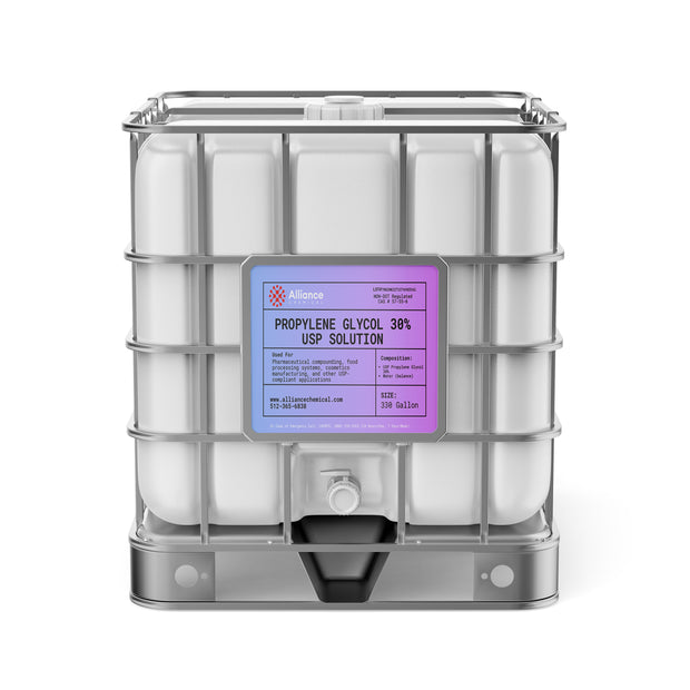 One 330-gallon tote of Alliance Chemical Propylene Glycol 30% USP Grade with a metal cage and a spigot.