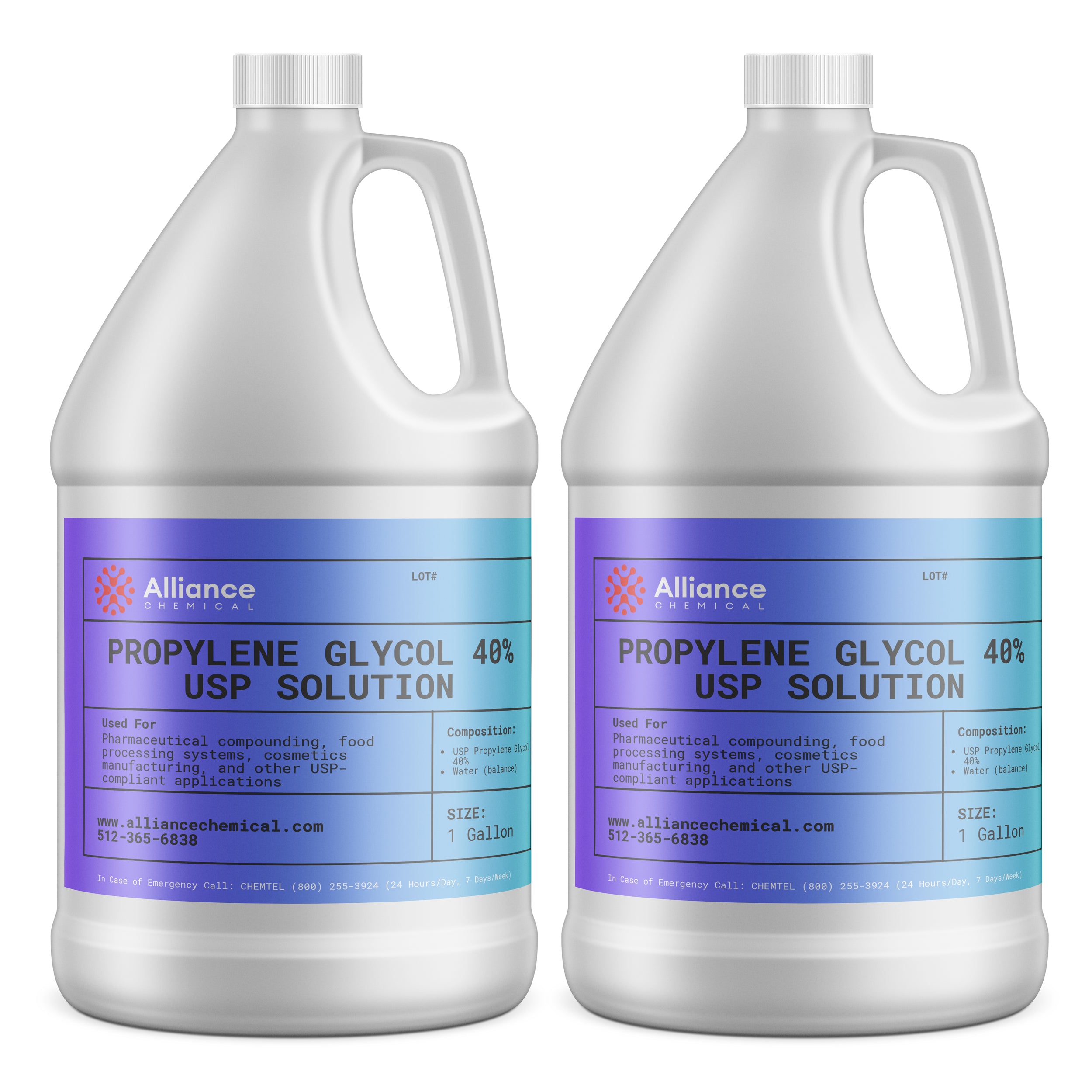 Alliance Chemical propylene glycol 40% USP grade in two clear 1-gallon HDPE jugs with handles