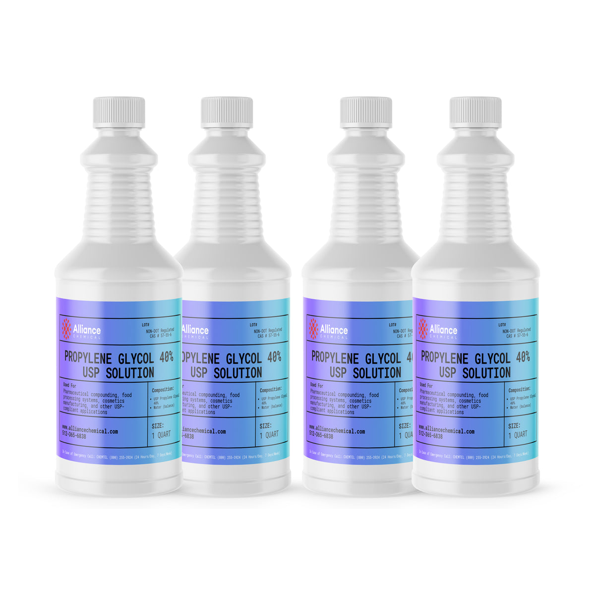 Alliance Chemical propylene glycol 40% USP grade in four clear 1-quart bottles with twist-off caps