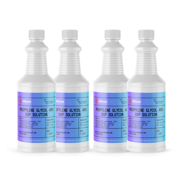 Alliance Chemical propylene glycol 40% USP grade in four clear 1-quart bottles with twist-off caps