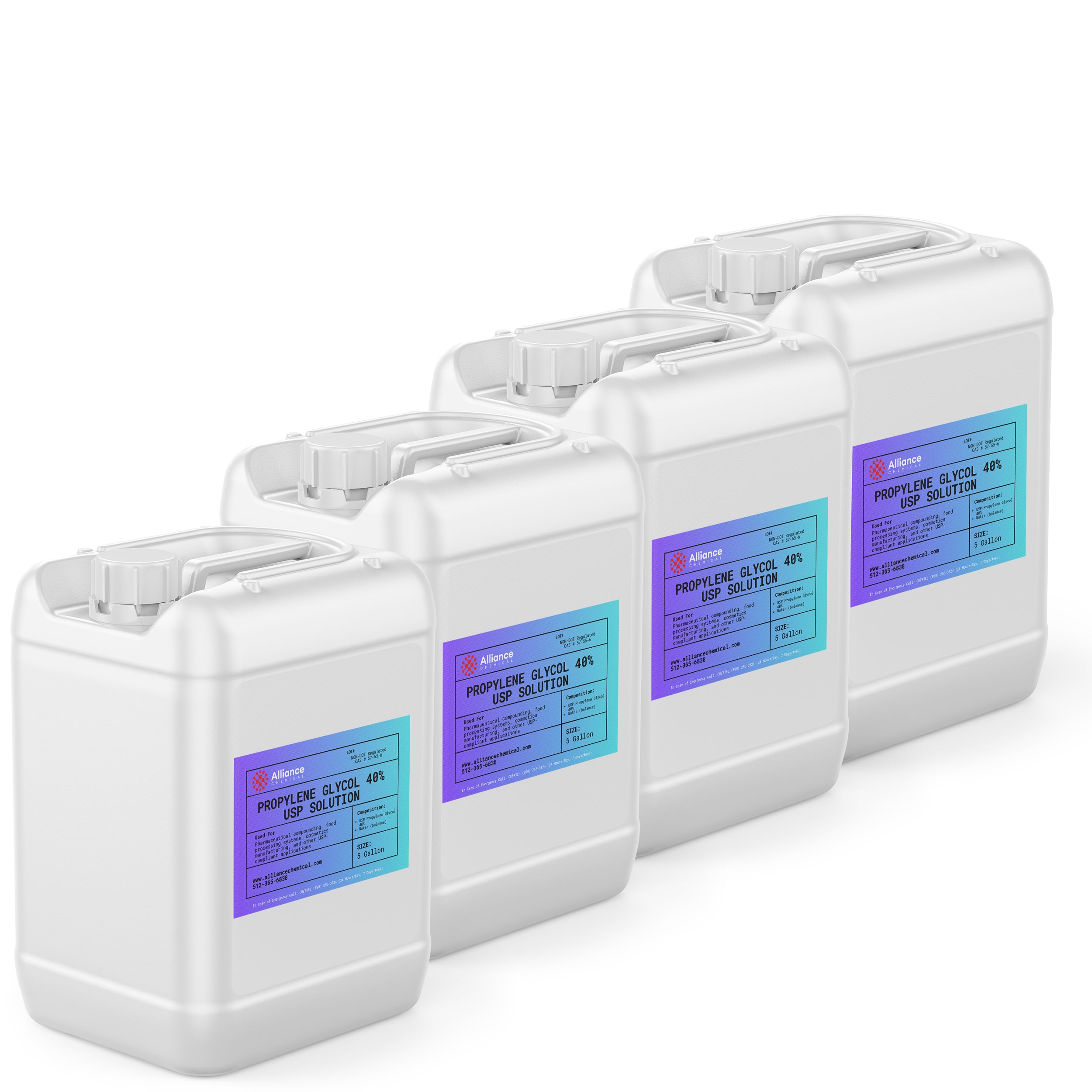 Alliance Chemical propylene glycol 40% USP grade in four white 5-gallon HDPE cubitainer containers